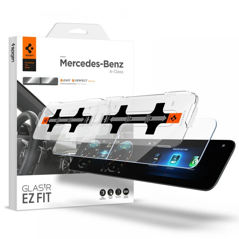 „Spigen Mercedes Benz Glass tR EZ Fit Crystal Clear“ ekrano apsauginių plėvelių pakuotė, 2 vnt. – A klasės 2021/2020 automobiliui