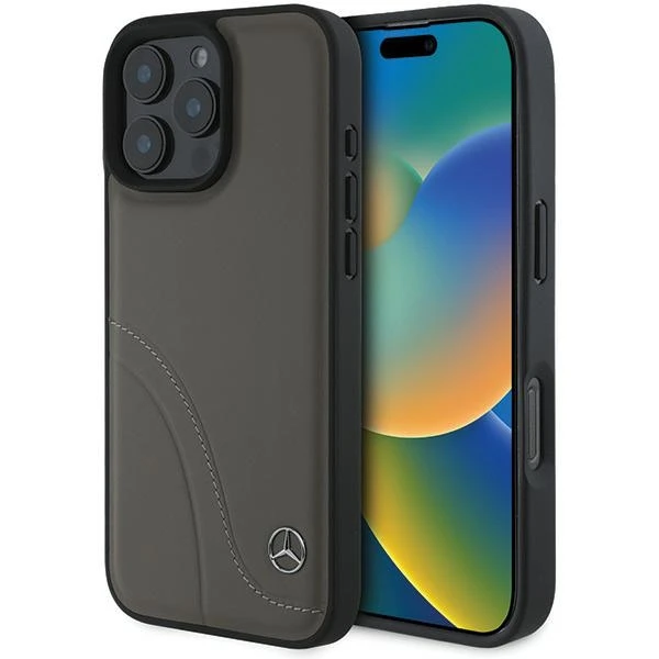 Mercedes MB Curved Stitches Leather Apple iPhone 16 Pro Max Case – dėklas telefonui rudos spalvos