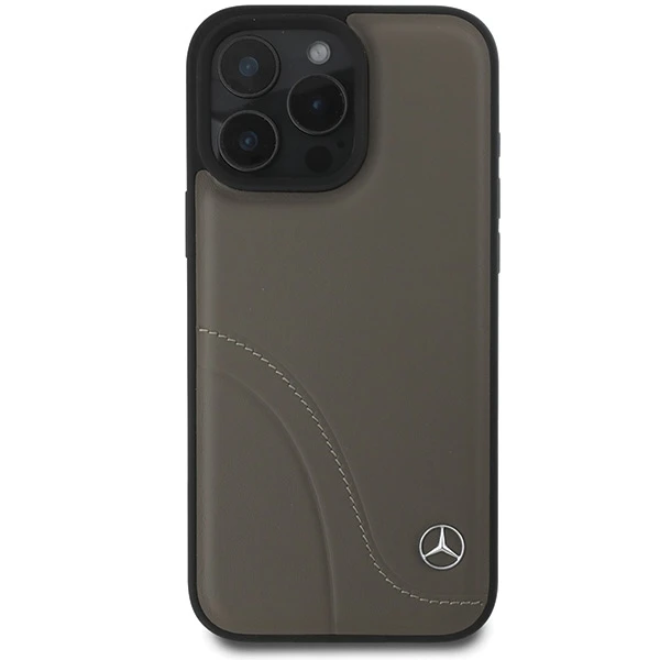 Mercedes MB Curved Stitches Leather Apple iPhone 16 Pro Max Case – dėklas telefonui rudos spalvos