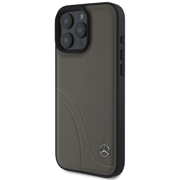Mercedes MB Curved Stitches Leather Apple iPhone 16 Pro Max Case – dėklas telefonui rudos spalvos