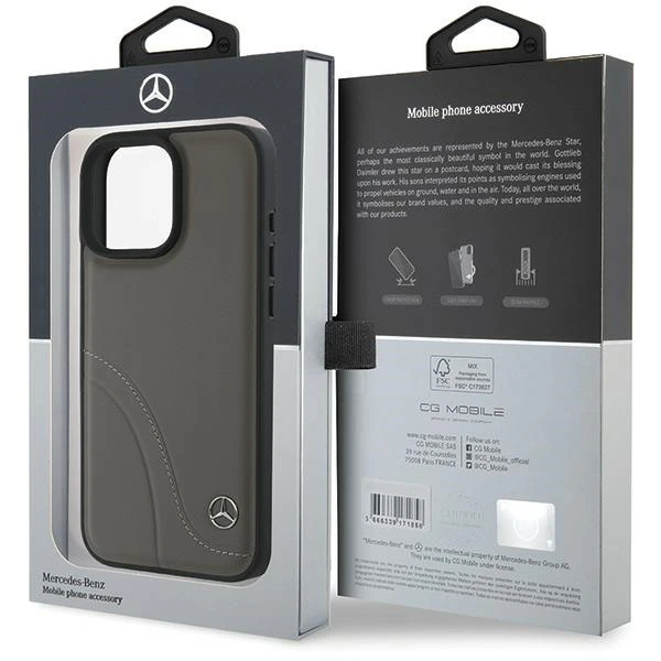 Mercedes MB Curved Stitches Leather Apple iPhone 16 Pro Max Case – dėklas telefonui rudos spalvos