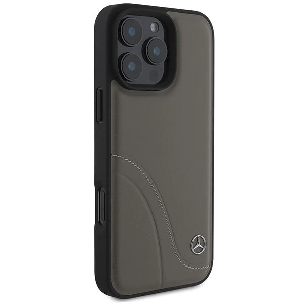 Mercedes MB Curved Stitches Leather Apple iPhone 16 Pro Max Case – dėklas telefonui rudos spalvos