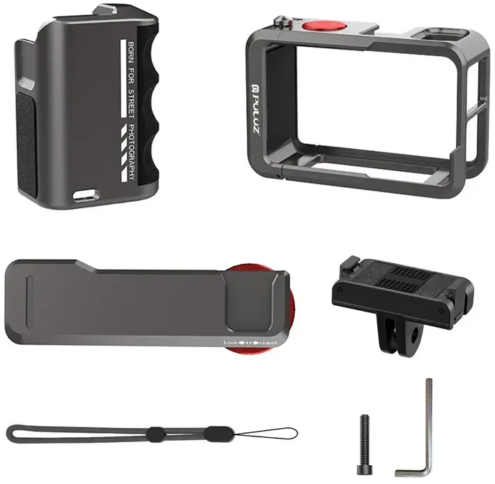 Metalinis apsauginis dėklas su „Puluz“ rankena, skirtas DJI Osmo Action 5 Pro / Action 4 / Action 3