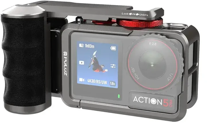 Metalinis apsauginis dėklas su „Puluz“ rankena, skirtas DJI Osmo Action 5 Pro / Action 4 / Action 3