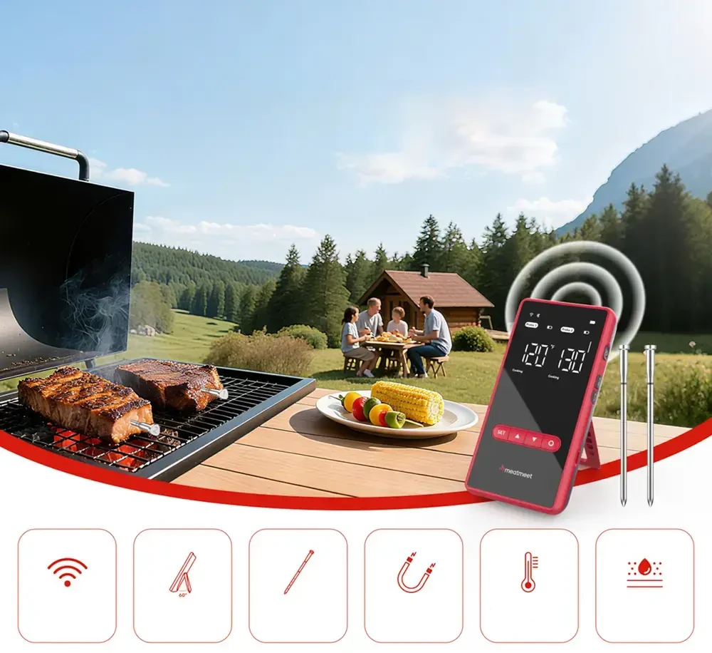 Virtuvinės svarstyklės Metapen „Meatmeet X Pro“ virtuvės termometras su „Bluetooth“ / „WiFi“ programėle kepsninei, orkaitei, rūkyklai - Juoda