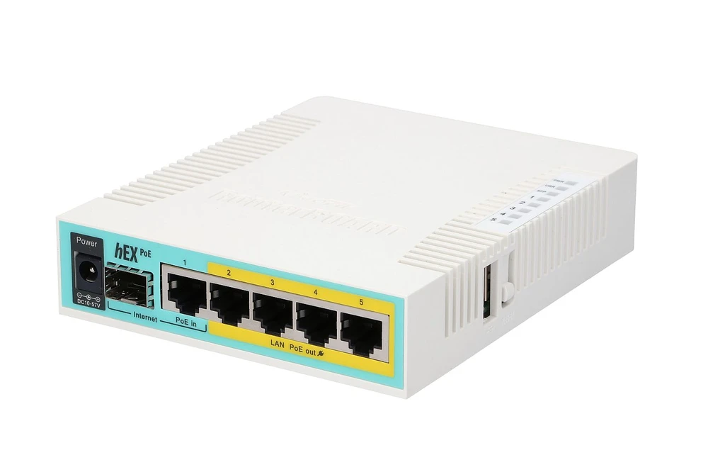 Mikrotik Laidinis Ethernet maršrutizatorius RB960PGS, hEX PoE, CPU 800MHz, 128MB RAM, 16MB, 1xSFP, 5xGigabit LAN, 1xUSB, Maitinimo išvestis 2-5 jungtyse, Srovė: 1A maks. vienam prievadui; 2A maks. bendra, RouterOS L4 | MikroTik | hEX PoE maršrutizatorius | RB960PGS | Nėra „Wi-Fi“ | 10/100/1000 Mbit/s | Ethernet LAN (RJ-45) jungtys 5 | Tinklo palaikymas: Ne | MU-MiMO: Ne | Nėra mobiliojo plačiajuosčio ryšio | 1xUSB | 12 mėn.