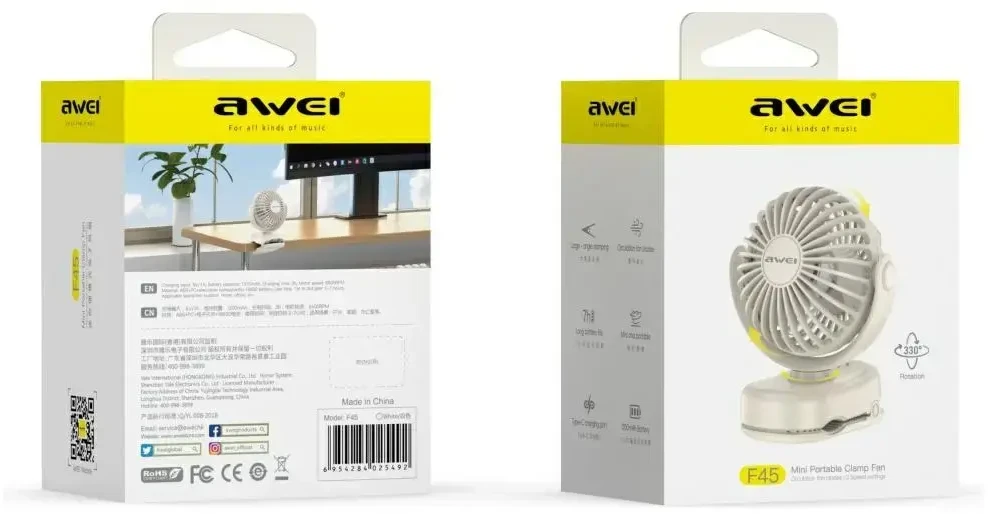 Mini stalinis ventiliatorius AWEI F45 su spaustuku 1200mAh baltas