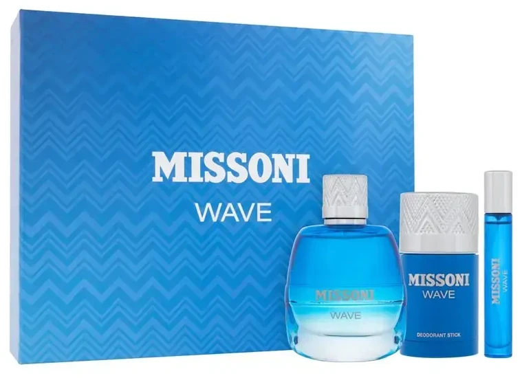 Setas Missoni: Wave EDT vyrams, 100 ml + Wave EDT vyrams, 10 ml + Wave apsauginis dezodoranto stikliukas vyrams, 75 ml