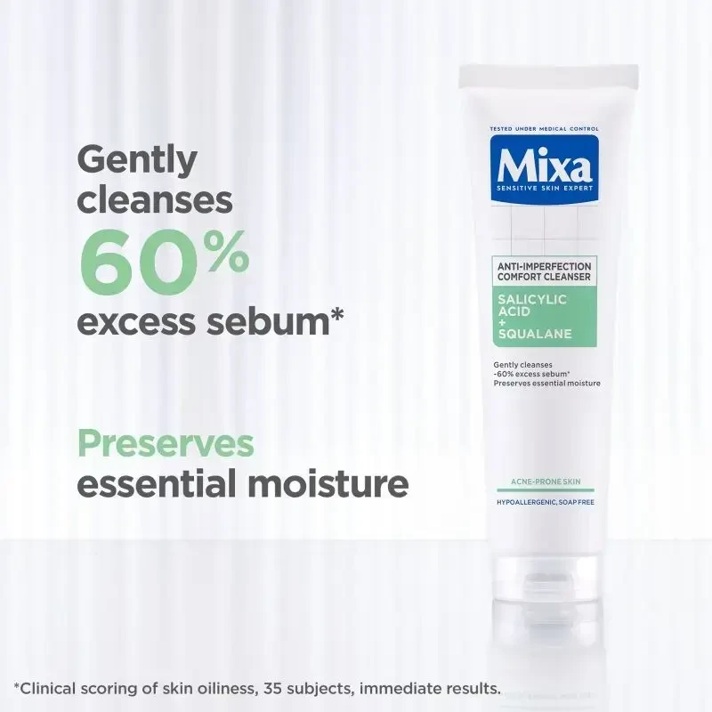 MIXA Anti-Imperfection Comfort valomasis veido gelis, skirtas netobulumams prieš aknę linkusią odą, 150 ml