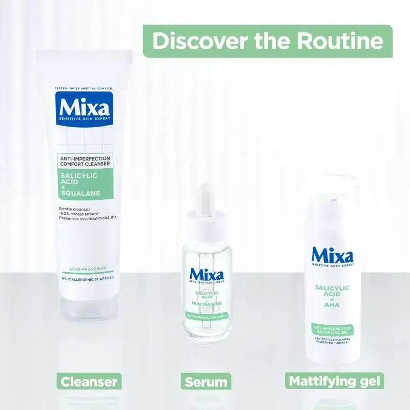 MIXA Anti-Imperfection Comfort valomasis veido gelis, skirtas netobulumams prieš aknę linkusią odą, 150 ml