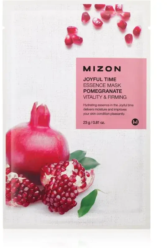 Mizon „Džiaugsmingas laikas“ (granatų esencijos kaukė) 23 g. Blizgi 3D kaukė su granatais ir obuoliais, skirta odos gyvybingumui ir stangrumui suteikti.
