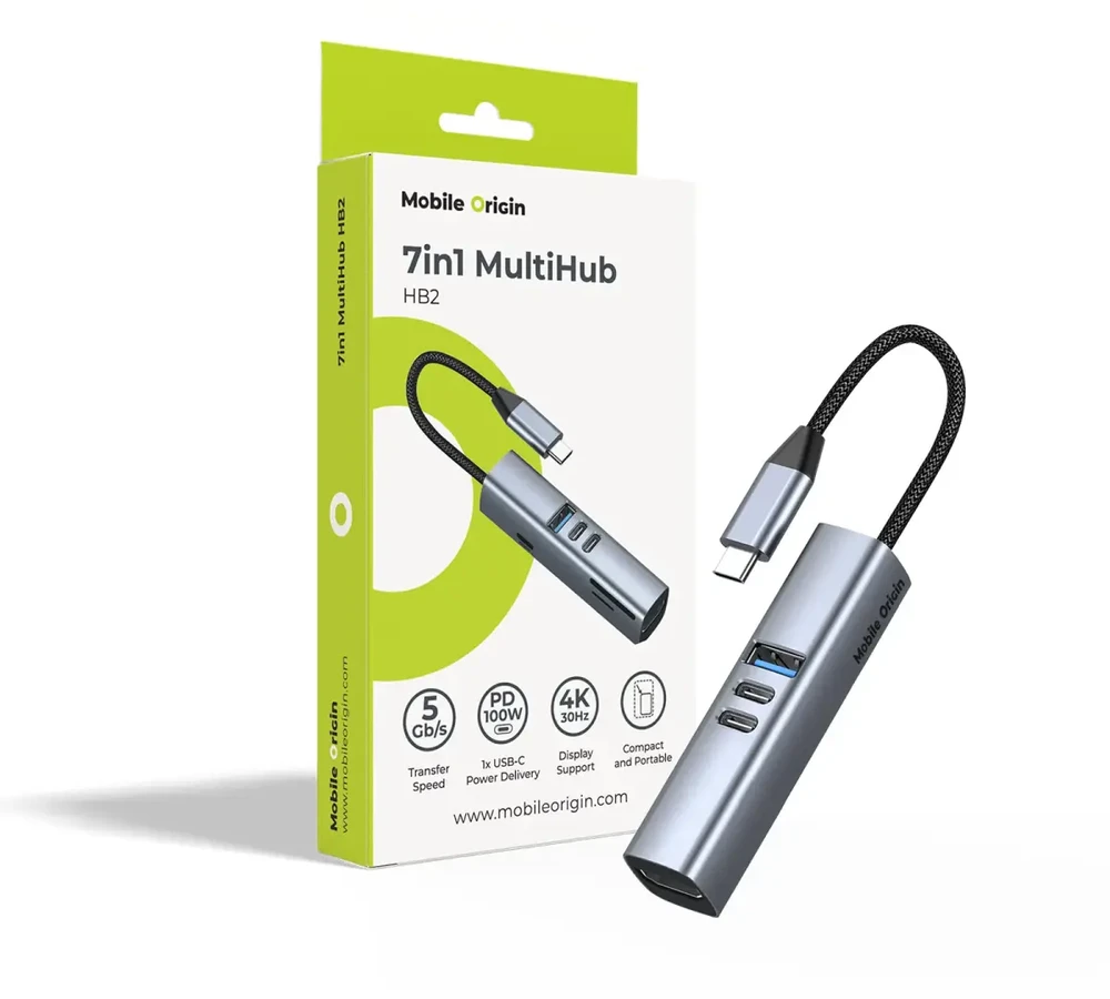Mobile Origin 7in1 daugiafunkcis šakotuvas HB2 – 3x USB-C, USB-A, HDMI, TF/SD kortelės, USB-C laidas