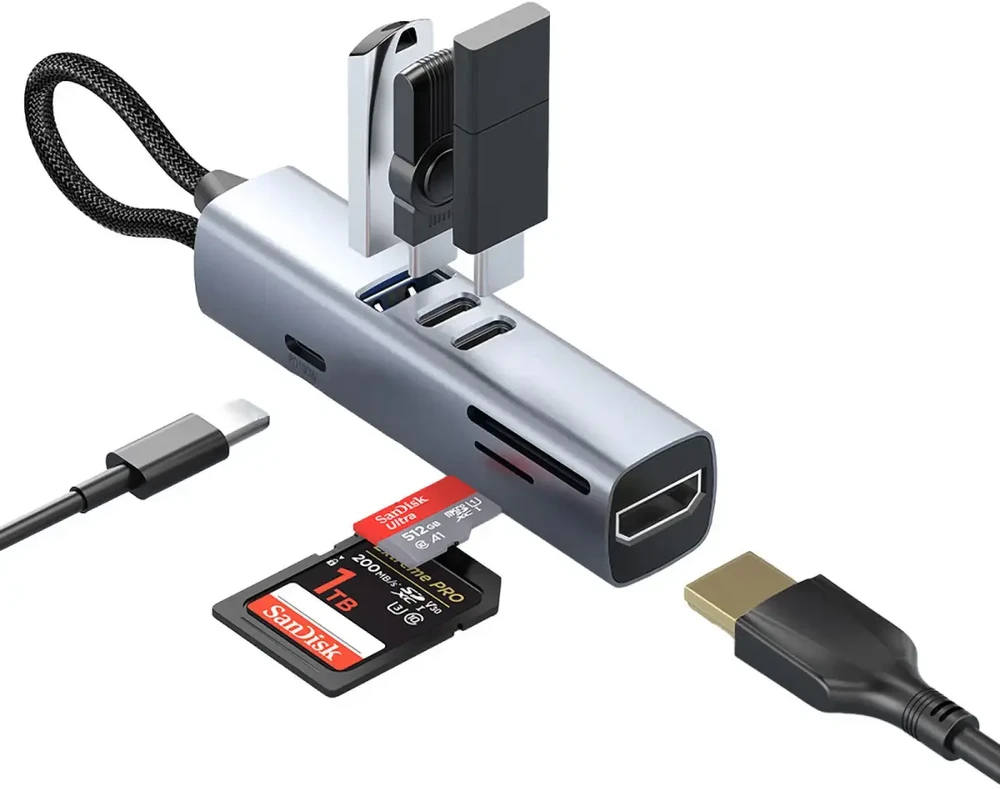 Mobile Origin 7in1 daugiafunkcis šakotuvas HB2 – 3x USB-C, USB-A, HDMI, TF/SD kortelės, USB-C laidas