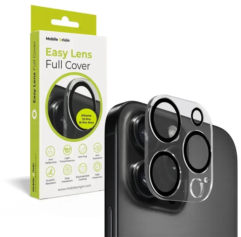„Mobile Origin Easy Lens“ pilnas dangtelis, skaidrus – „iPhone 15 Pro / 15 Pro Max“