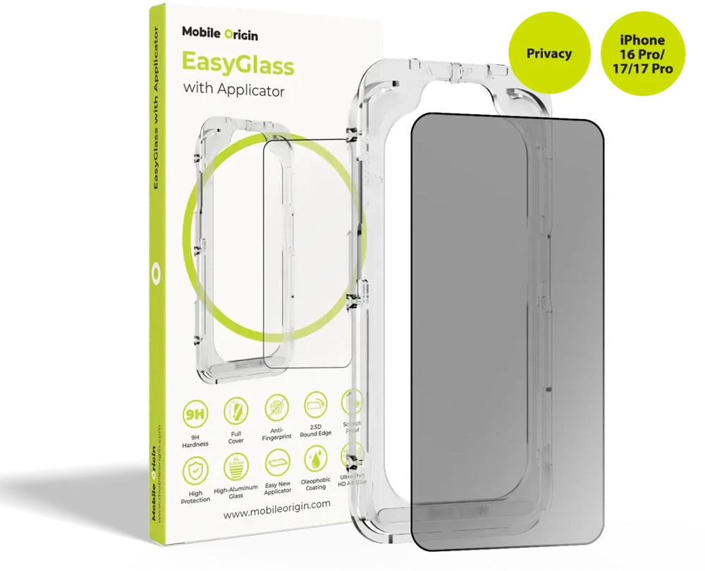 Mobile Origin EasyGlass Privacy su aplikatoriumi iPhone 16 Pro/17/17 Pro