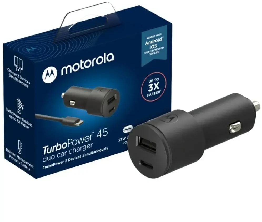 Automobilinis įkroviklis Motorola TurboPower 45W Dual USB-A/USB-C with cable USB-C 1m juodas