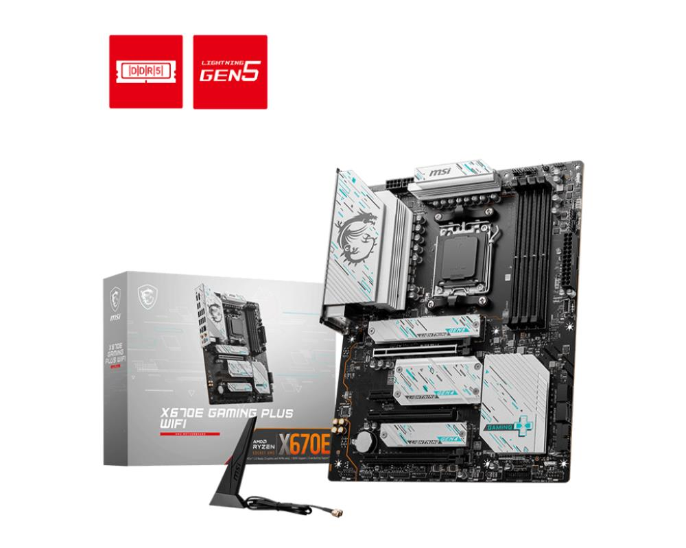 Pagrindinė plokštė MSI | X670E GAMING PLUS WIFI | Procesorių šeima AMD | Procesoriaus lizdas AM5 | DDR5 | Palaikomos standžiojo disko sąsajos SATA, M.2 | SATA jungčių skaičius 4