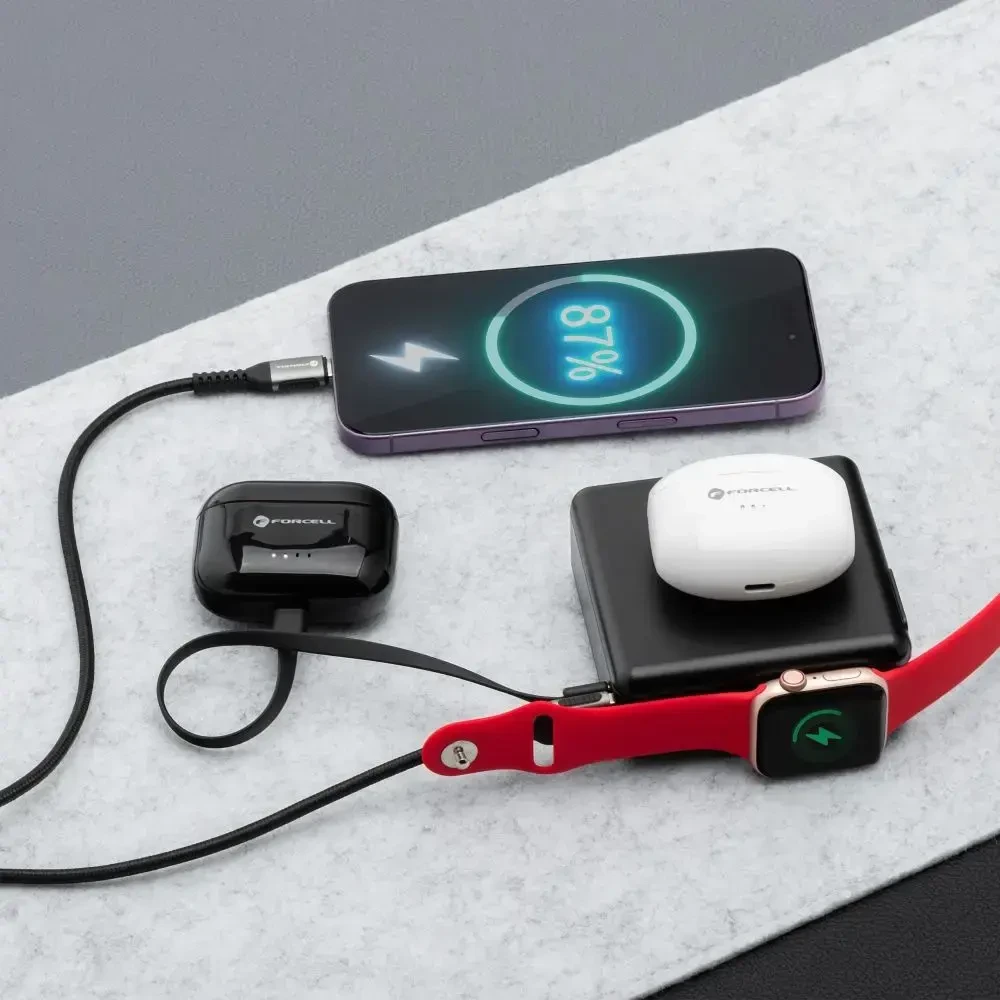 Daugiafunkcis įkroviklis Forcell F-Energy 6in1 USB A + USB C PD 45W + išorinė baterija 15000 mAh + belaidis įkrovimas 15W juodas