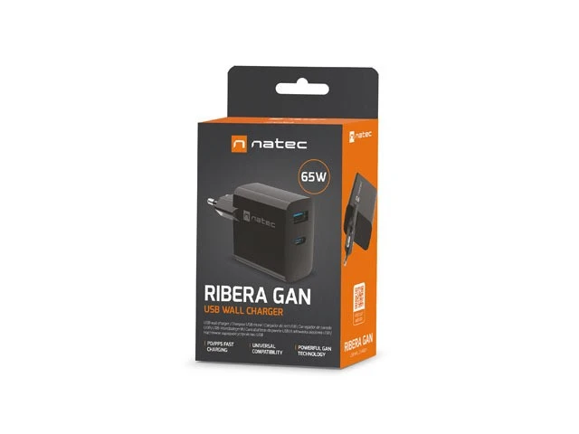 Įkroviklis - Natec Ribera Gan 65W, Juodas