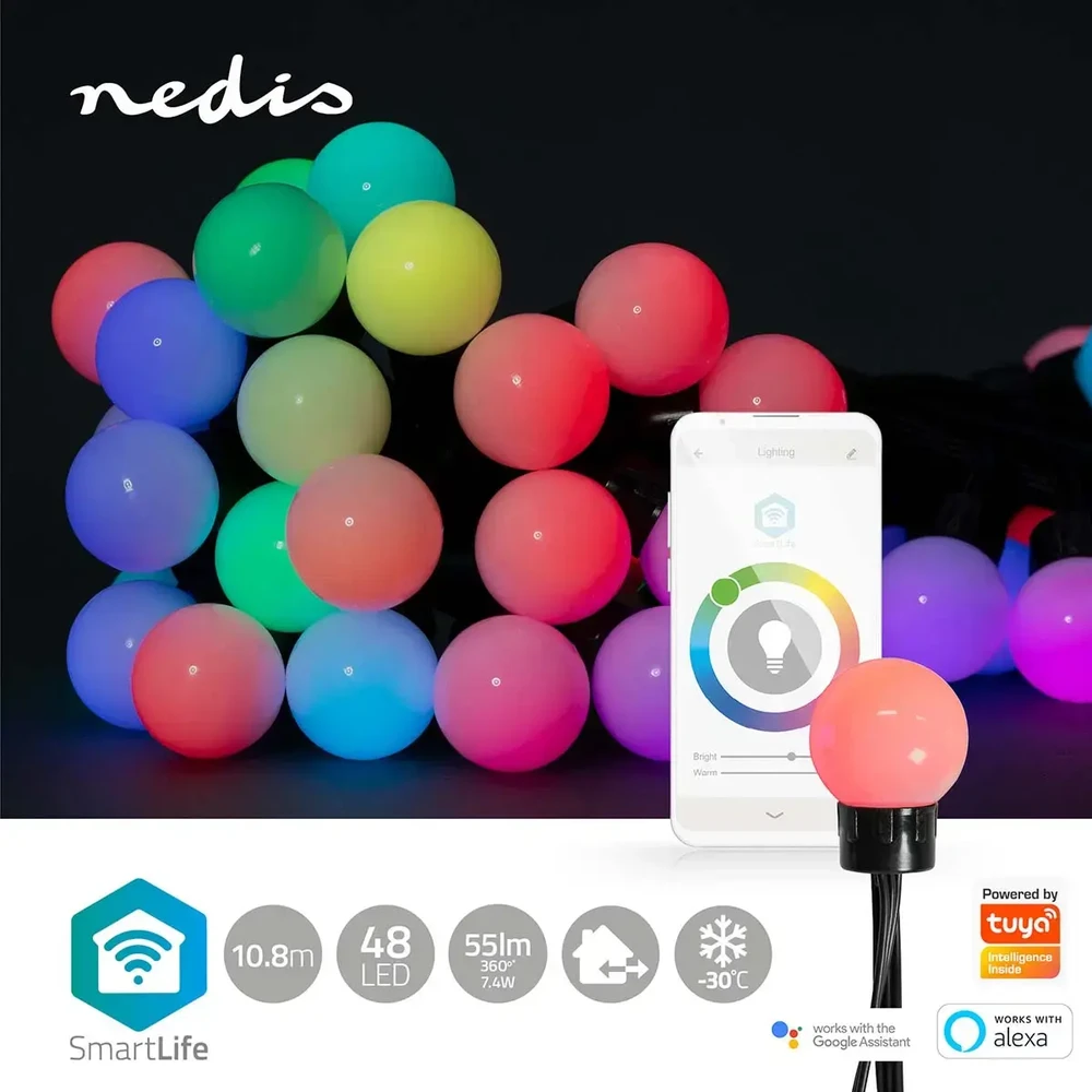 Nedis Išmani LED girlianda, 230Vac, 10,8m, 48 x Ø30mm LED, RGB+, Wi-Fi, TUYA