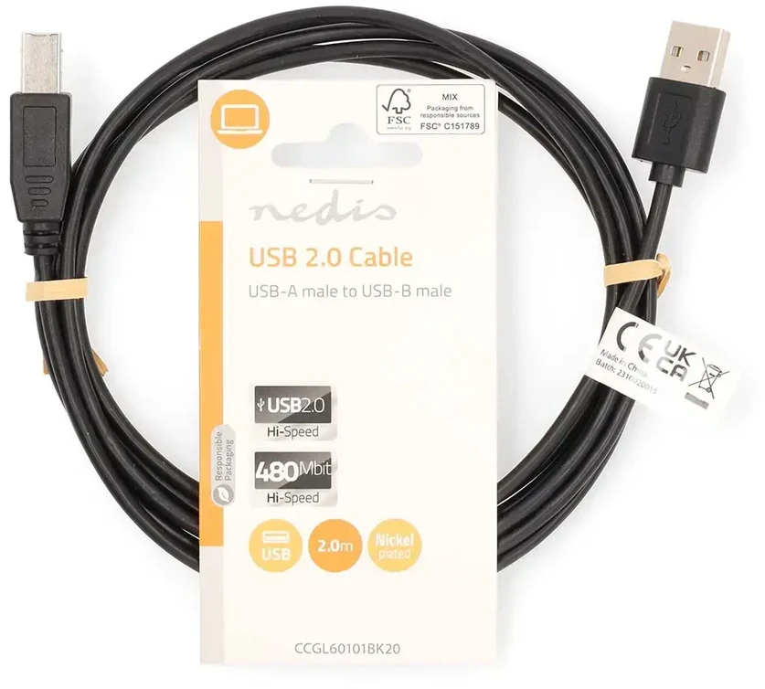 Nedis Kabelis spausdintuvui USB 2.0 A kištukas - USB B kištukas 480Mbps 2m, juodas
