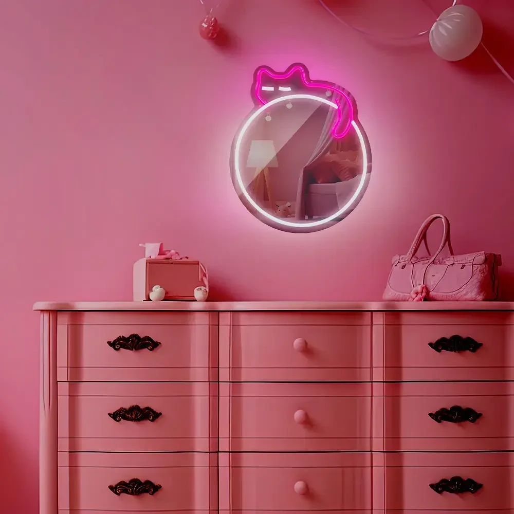 Neoninis veidrodis LED mieganti katė balta rožinė FMNE03 Forever lemputė