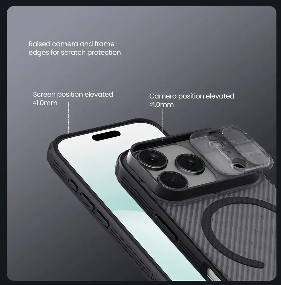 „Nillkin CamShield PRO Magnetic“ kietas dėklas, skirtas „Apple iPhone 17 Pro“, permatomas juodas