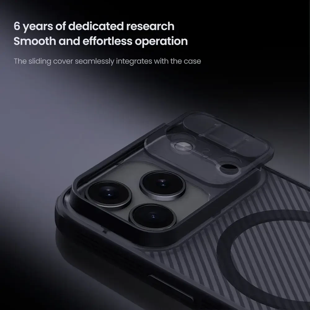 „Nillkin CamShield PRO Magnetic“ kietas dėklas, skirtas „Apple iPhone 17 Pro“, permatomas juodas