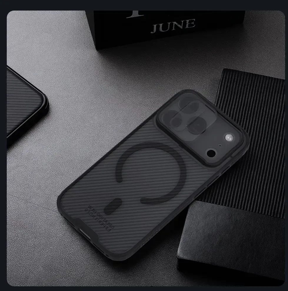 „Nillkin CamShield PRO Magnetic“ kietas dėklas, skirtas „Apple iPhone 17 Pro“, permatomas juodas