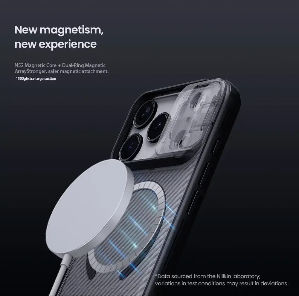 „Nillkin CamShield PRO Magnetic“ kietas dėklas, skirtas „Apple iPhone 17 Pro“, permatomas juodas