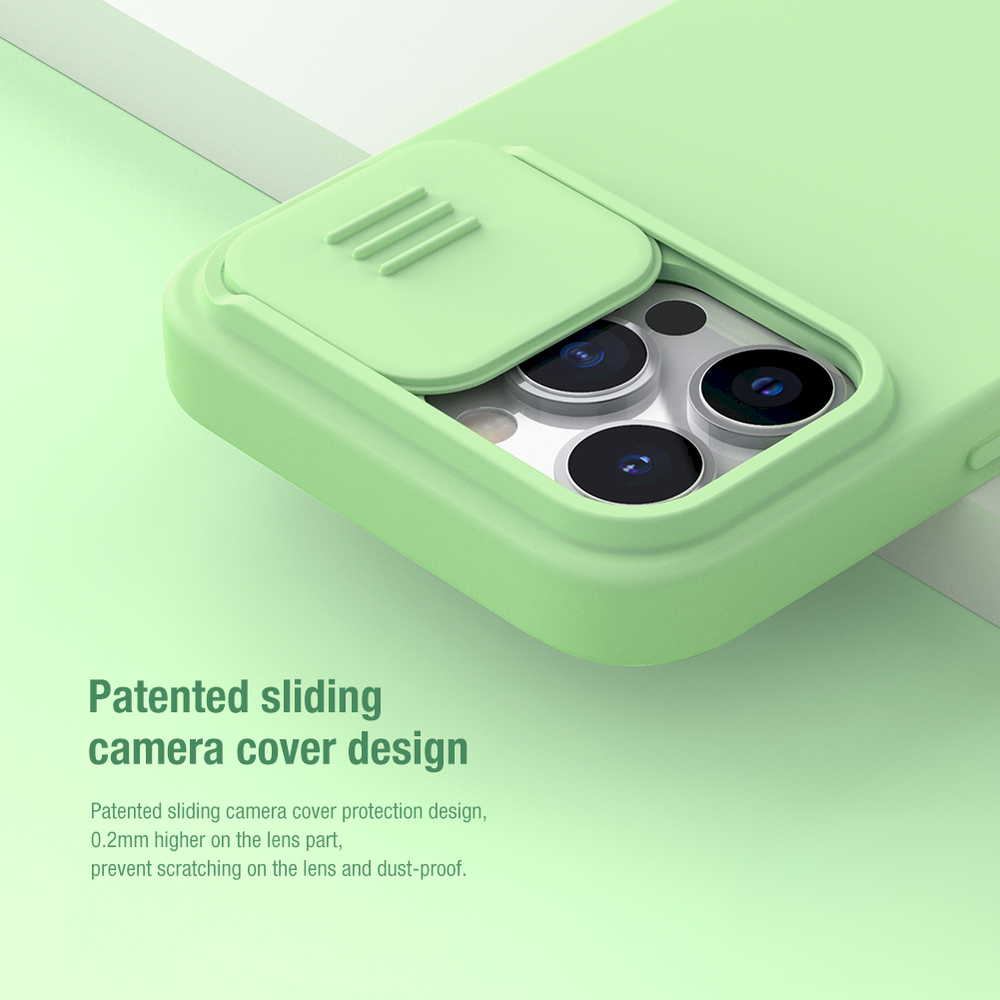 Nillkin Camshield šilkinis silikoninis dėklas su fotoaparato dangteliu, skirtas iPhone 13 Pro Juodas