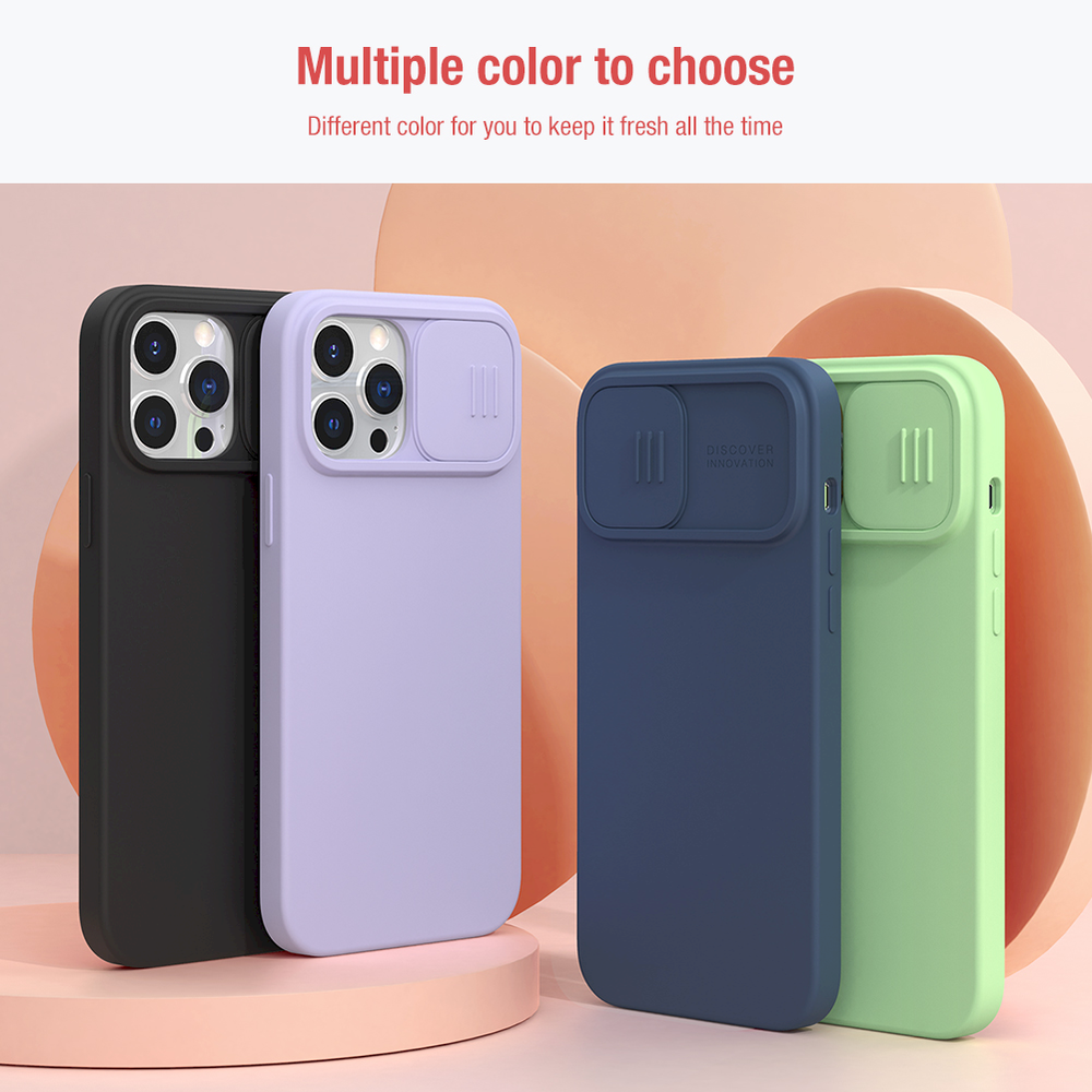 Nillkin Camshield šilkinis silikoninis dėklas su fotoaparato dangteliu, skirtas iPhone 13 Pro Max Mėlyna