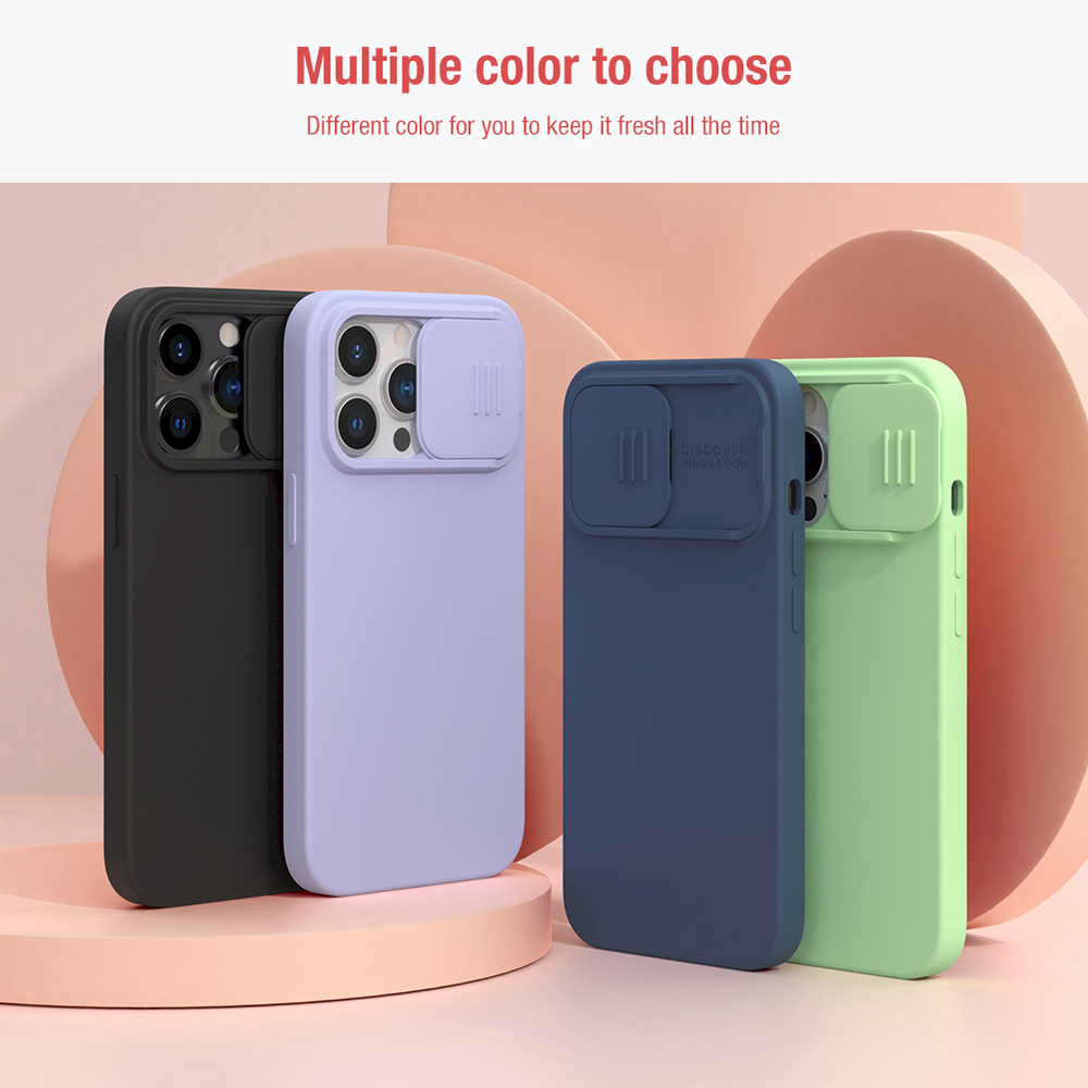 Nillkin Camshield šilkinis silikoninis dėklas su fotoaparato dangteliu, skirtas iPhone 13 Pro Juodas