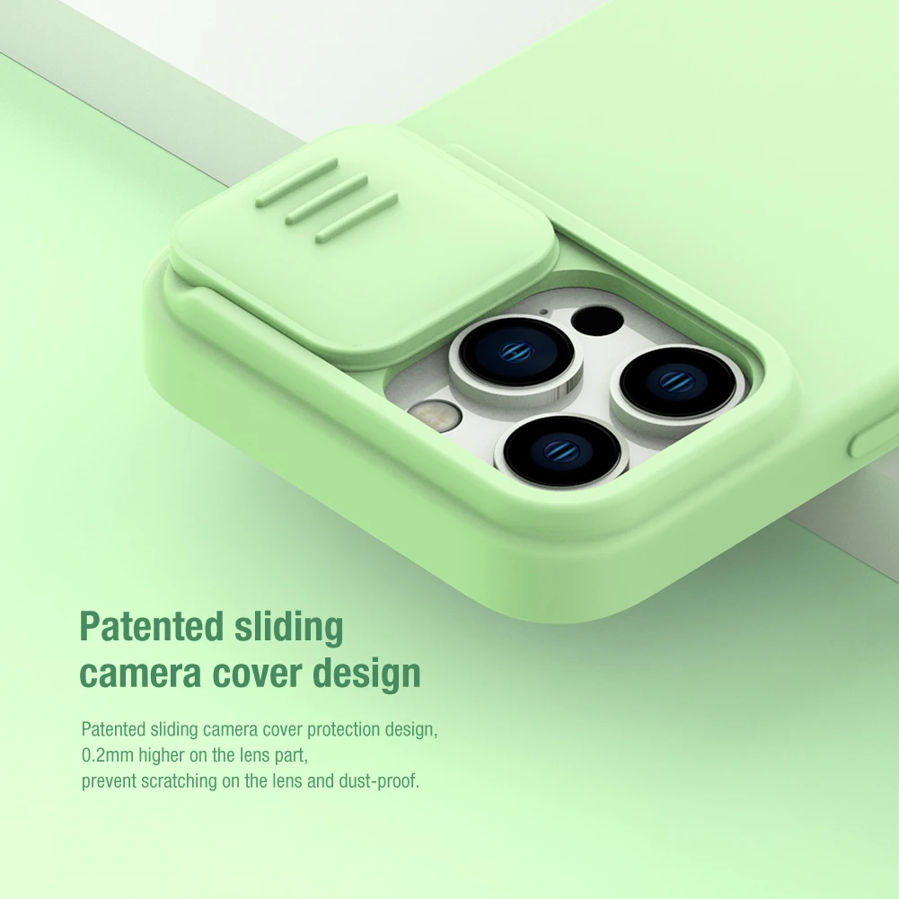 Nillkin CamShield Silky Silikoninis dėklas iPhone 14 Pro Max Silicone Cover with Camera Protector dėklas telefonui mėlynos spalvos