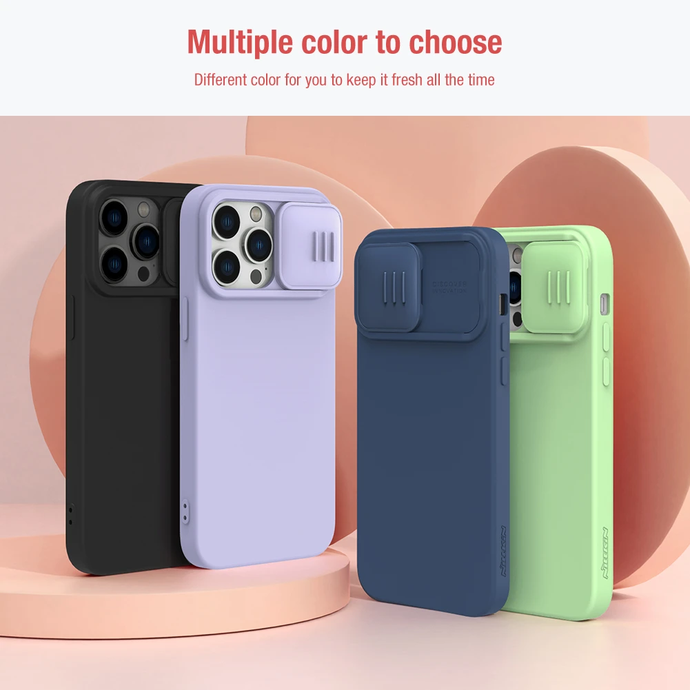 Nillkin CamShield Silky Silikoninis dėklas iPhone 14 Pro Max Silicone Cover with Camera Protector dėklas telefonui mėlynos spalvos