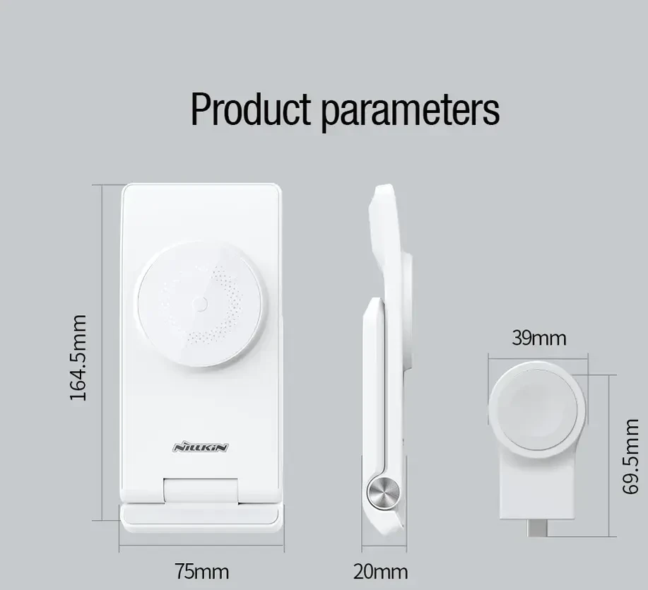 Nillkin PowerTrio 3in1 belaidis įkroviklis MagSafe Apple Watch baltos spalvos (MFI)
