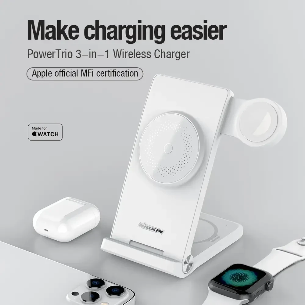 Nillkin PowerTrio 3in1 belaidis įkroviklis MagSafe Apple Watch baltos spalvos (MFI)