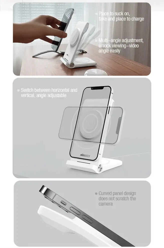 Nillkin PowerTrio 3in1 belaidis įkroviklis MagSafe Apple Watch baltos spalvos (MFI)