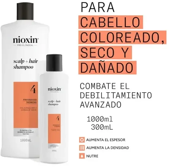 Nioxin Sistema 4 - Champú - Cabello Teñido y Dañado Con Debilitamiento Avanzado, 1000 ml