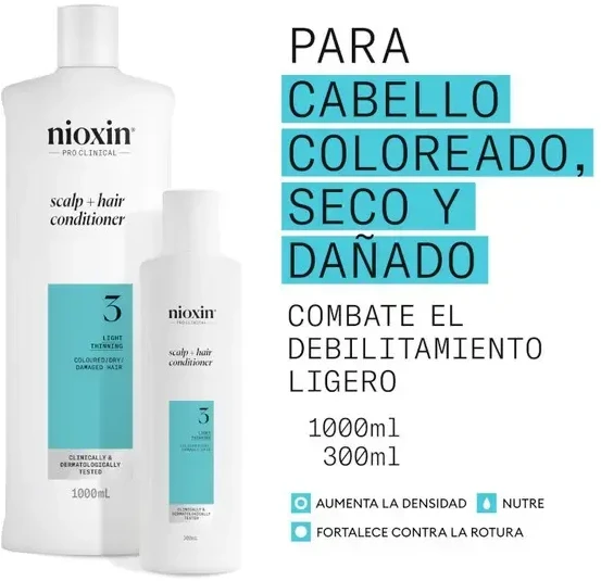 Nioxin Sistema 3 - Acondicionador - Cabello Teñido y Dañado Con Debilitamiento Leve, 1000 ml