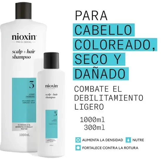 Nioxin Sistema 3 - Champú - Cabello Teñido y Dañado Con Debilitamiento Leve, 1000 ml