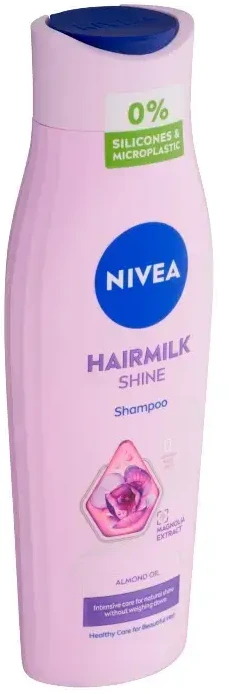 „Nivea“ maitinamasis šampūnas su pienu ir šilko baltymais pavargusiems, negyviems plaukams. „Hairmilk Shine“ (Care Šampūnas).