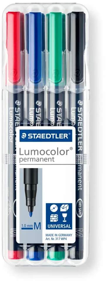 Staedtler Lumocolor 317 WP4 marker permanentny Juodas, Mėlyna, Žalias, Raudona 4 vnt.