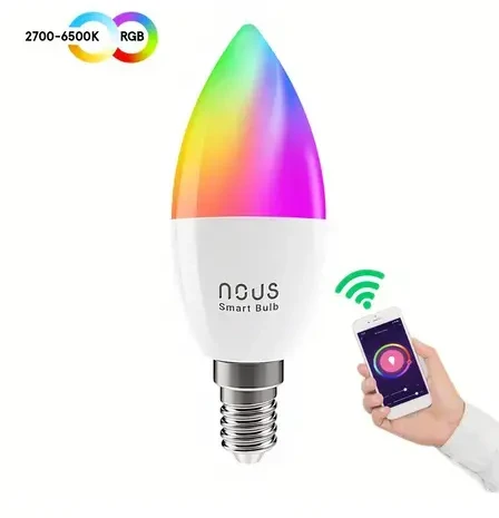 Lemputė LED E14, 230V, 4,5W, 380lm, 2700K - 6500K, RGB, išmanioji Wi-Fi, valdoma programėle, TUYA / Smart Life, P4, NOUS