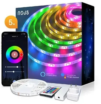 LED juostos komplektas su Wi-Fi valdikliu ir maitinimo šaltiniu, RGB, 5m, 24W, TUYA / Smart Life, NOUS