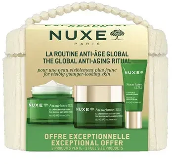 Nuxe „Nuxuriance Ultra“ rinkinys: dieninis kremas nuo senėjimo 50 ml + naktinis kremas nuo senėjimo 50 ml + paakių ir lūpų kremas 15 ml