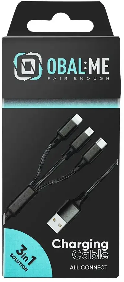 OBAL:ME 3in1 AllConnect greito įkrovimo USB-A/USB-C, Lightning, Micro-USB kabelis 1.2m juodos spalvos