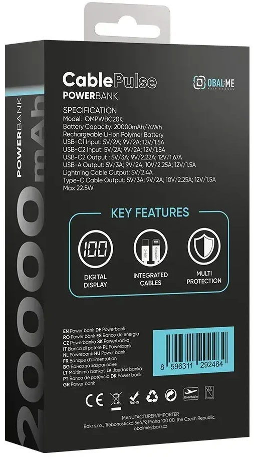OBAL:ME CablePulse Powerbank 20000mAh 22,5W juodos spalvos