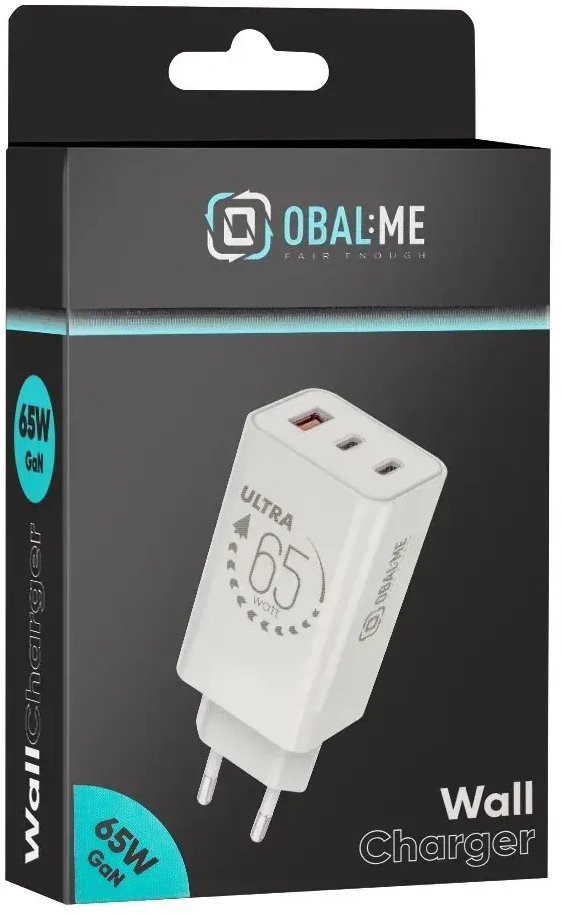 OBAL:ME GaN laidinis įkroviklis USB-A + 2xUSB-C 65W baltos spalvos