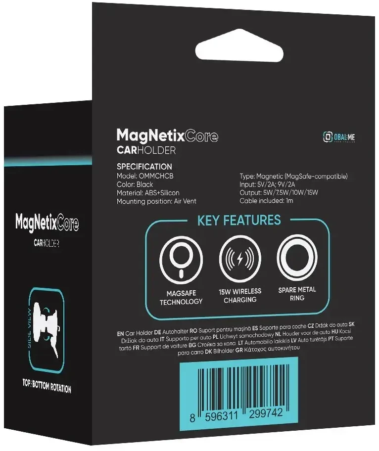 OBAL:ME MagNetix Core Automobilinis telefono laikiklis su belaidžiu įkrovimu 15W juodos spalvos